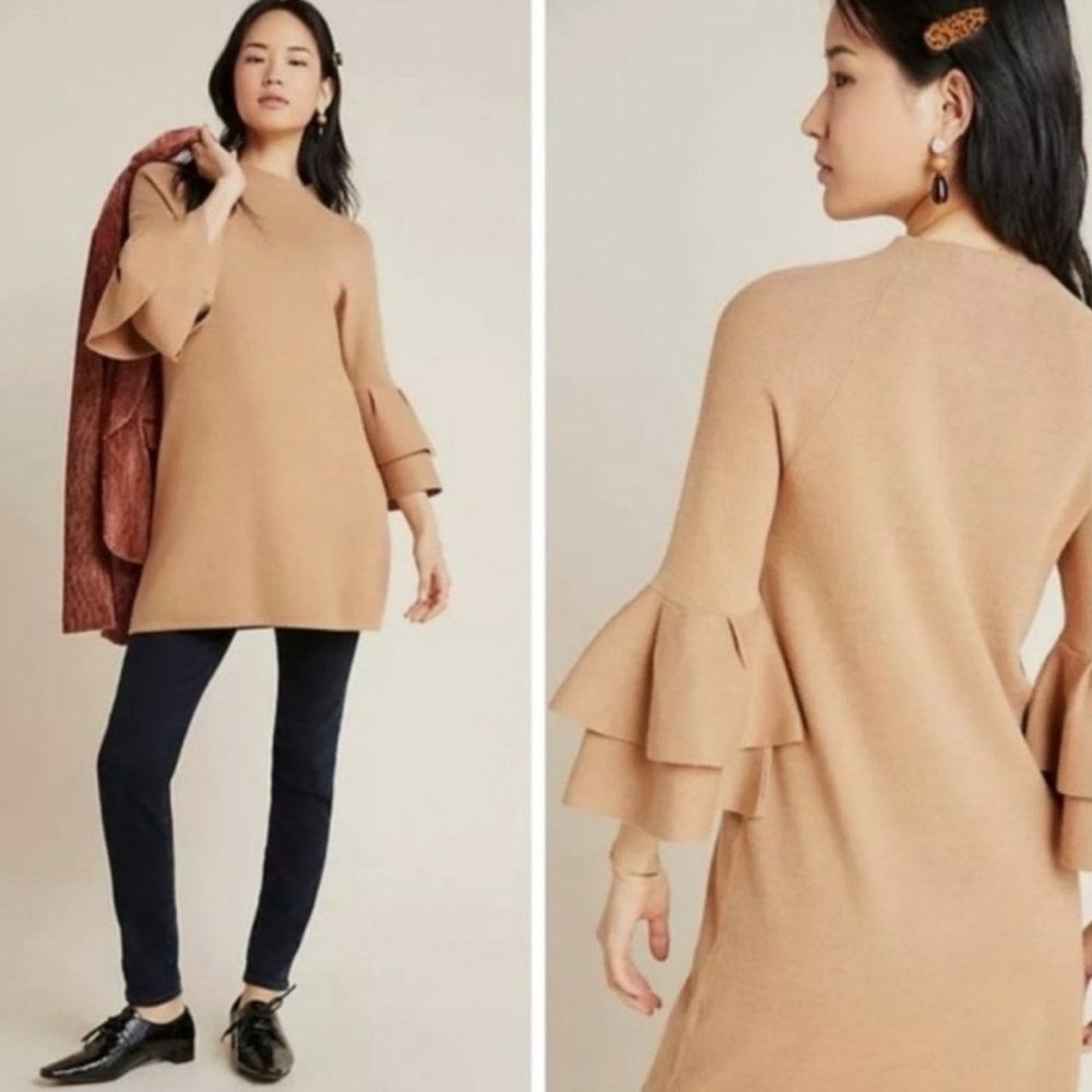 Anthropologie Claudette Ruffled Sleeve Mini
Sweater Dress Camel Brown sz M - Picture 4 of 16
